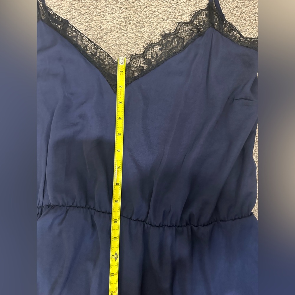 Asos Design Cami Dress Womens Size 14 Navy Blue With Black Lace Trim V Neck - Picture 10 of 12